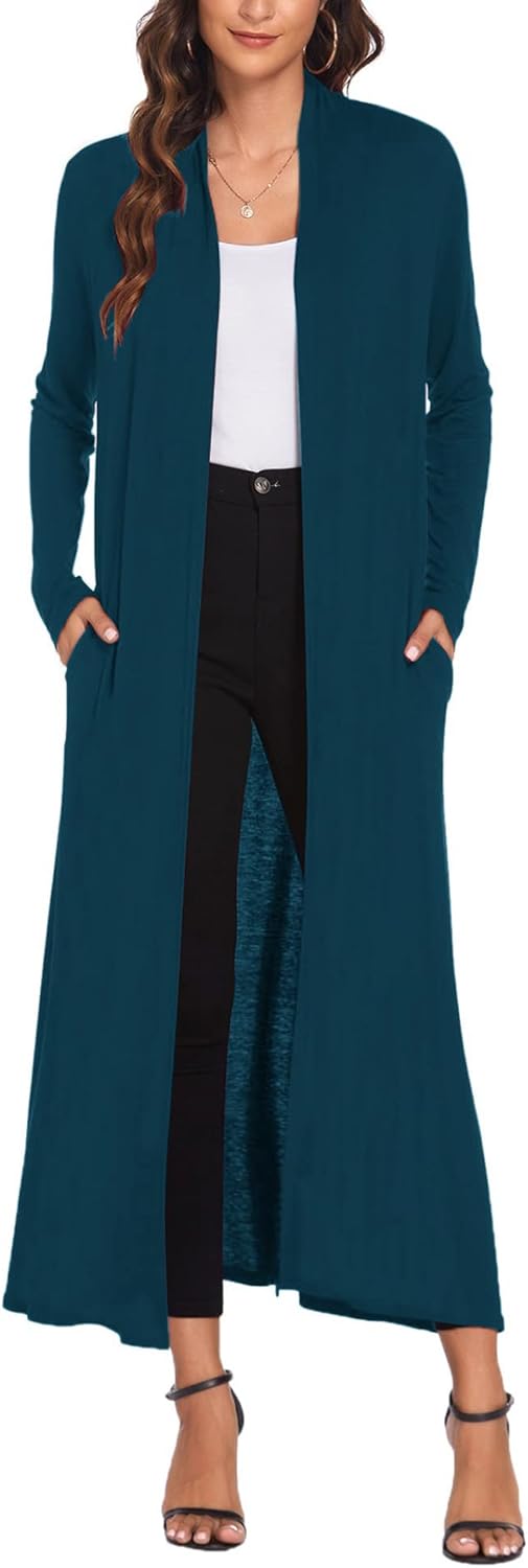 Bluetime Women Floor Length Open Front Cardigan with Pockets
