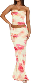 Floral 2 Piece Skirt Sets for Women Summer - Strapless Bodycon Maxi
