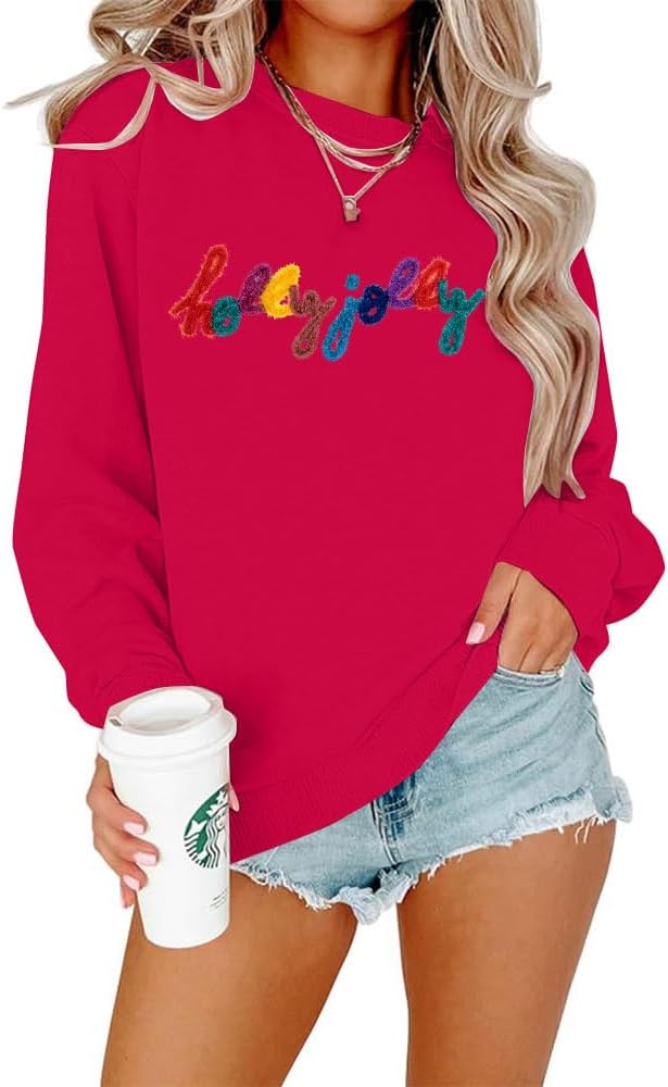 Christmas Sequins Sweatshirts Women Jolly Glitter Patch Pullover