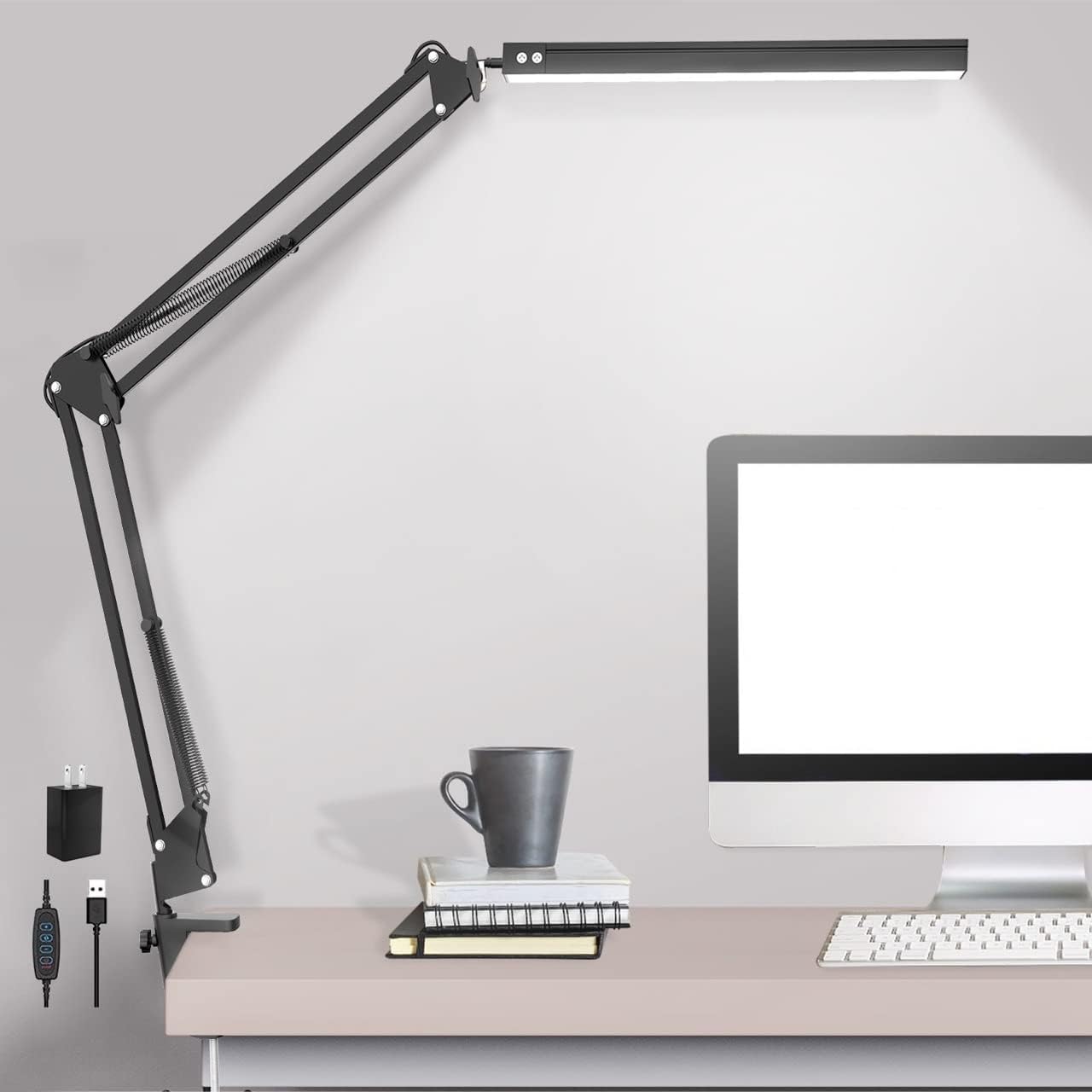 Beetwo Swing Arm LED Desk Lamp - Eye-Care, Dimmable, 3 Color Modes