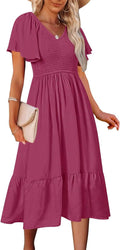 MEROKEETY Women's Summer V Neck Ruffle Sleeve Smocked Midi Dress