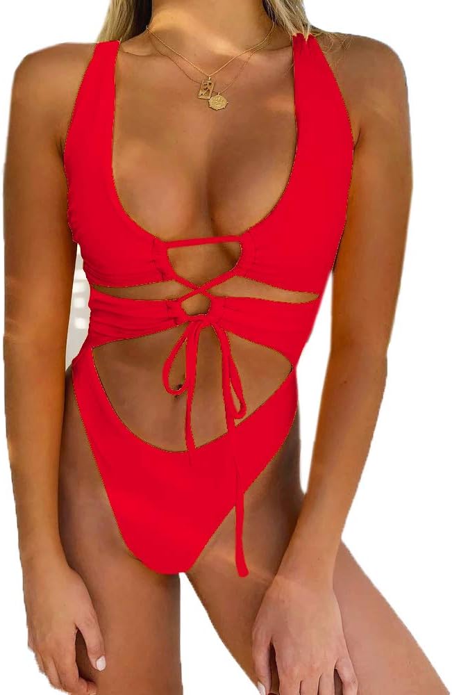 CHYRII Women's Sexy Cutout Lace Up Backless Monokini Swimsuit