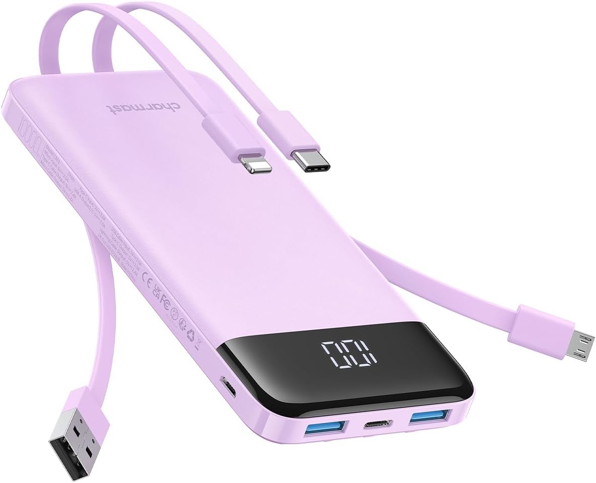 Charmast Slim 10000mAh Power Bank: Built-in Cables, Fast Charging
