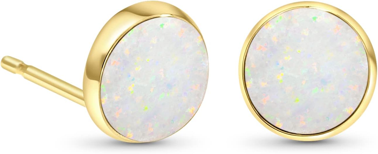 14K Gold White Opal Stud Earrings - Dainty October Birthstone