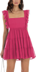 Women's Summer Square Neck Tie Back Ruffle Sleeve Mini Dress - Flowy