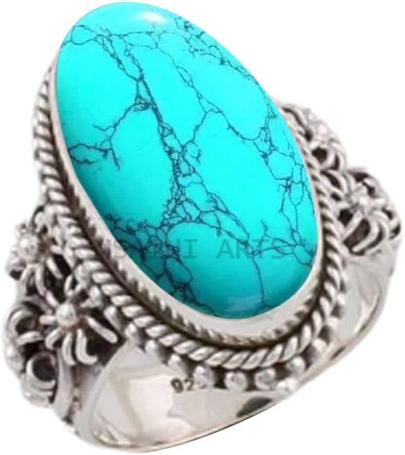 Solid 925 Sterling Silver Ring with Natural Blue Copper Turquoise