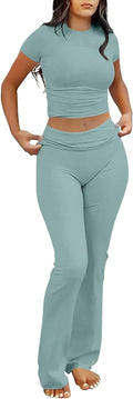 Lounge Sets for Women 2 Piece Foldover Yoga Flare Leggings Crop Top is