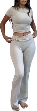 Women's 2 Piece Lounge Outfit Slim Short Sleeve Top & Flare Leggings