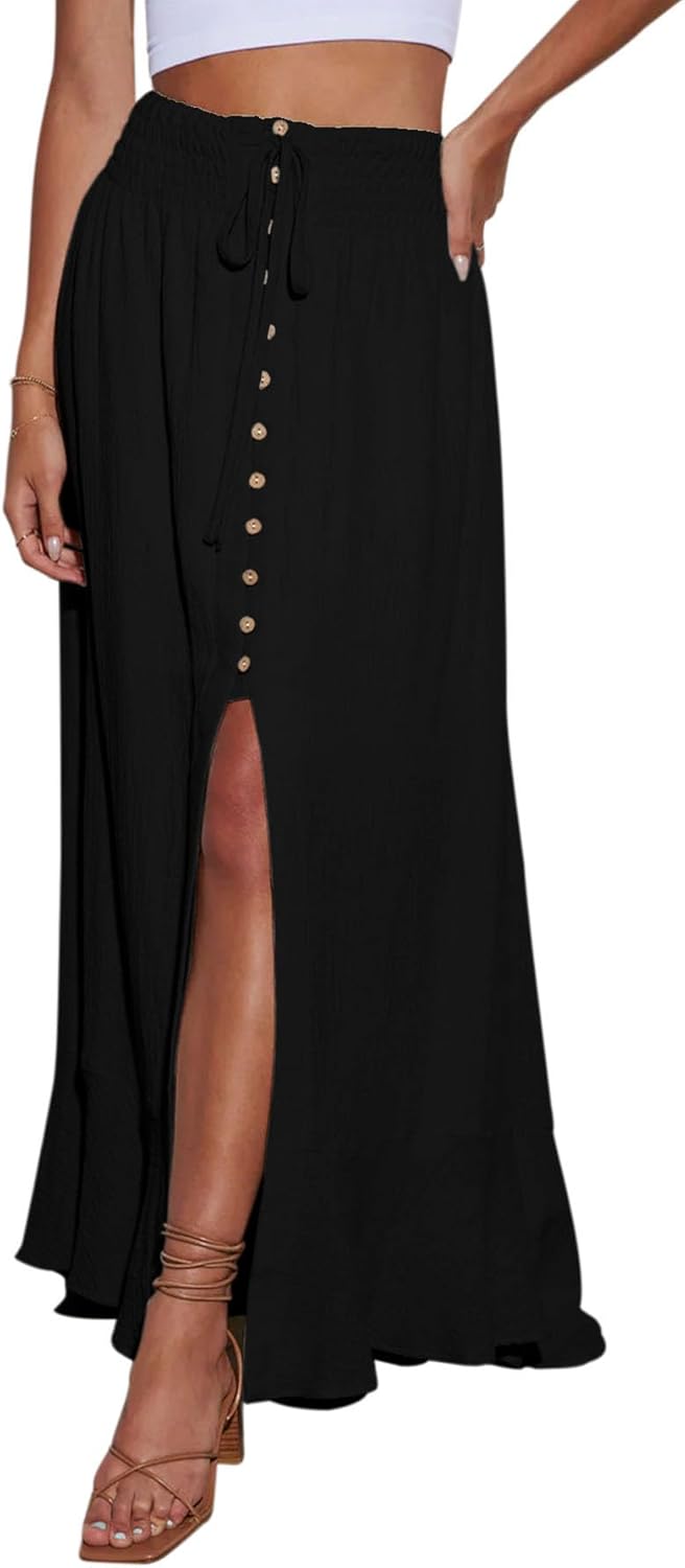 Minclouse Women's Elastic Tie Waist Maxi Skirt for Summer Style