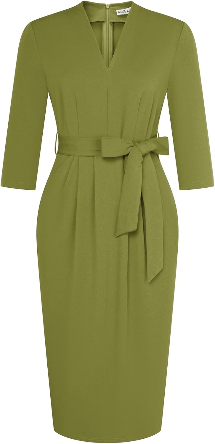 GRACE KARIN Womens Work Dresses V Neck 3/4 Sleeve Bodycon