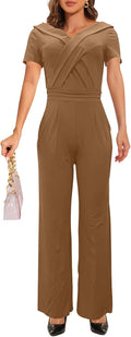 Women's Short Sleeve VNeck Wide Leg Jumpsuit - Elegant Loose Romper