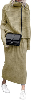 turtleneck 2 piece sweater skirt set - versatile ribbed knit outfit