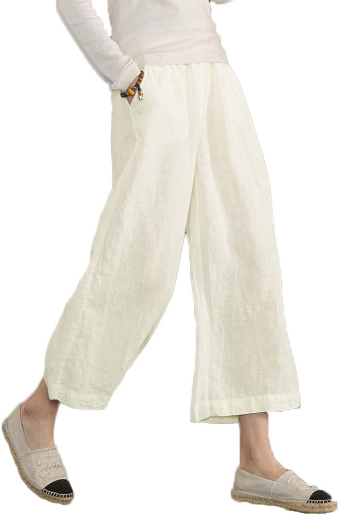 Womens Cotton Cropped Pants Loose Fit Wide Leg Capri Trousers