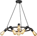 6-Light Wagon Wheel Farmhouse Chandelier - Modern Black Dining Light