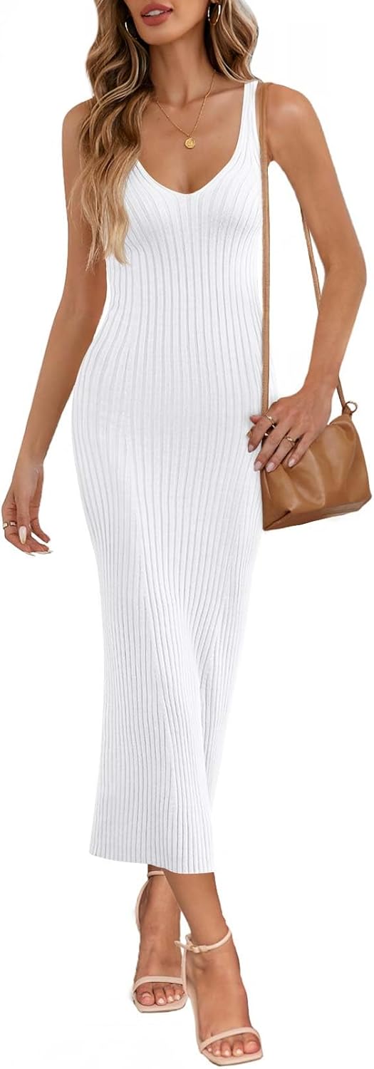 MEROKEETY Womens V Neck Knit Midi Dress for Summer Fun