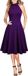 WOOSEA Womens Halter Neck A-Line Cocktail Dress with Pockets