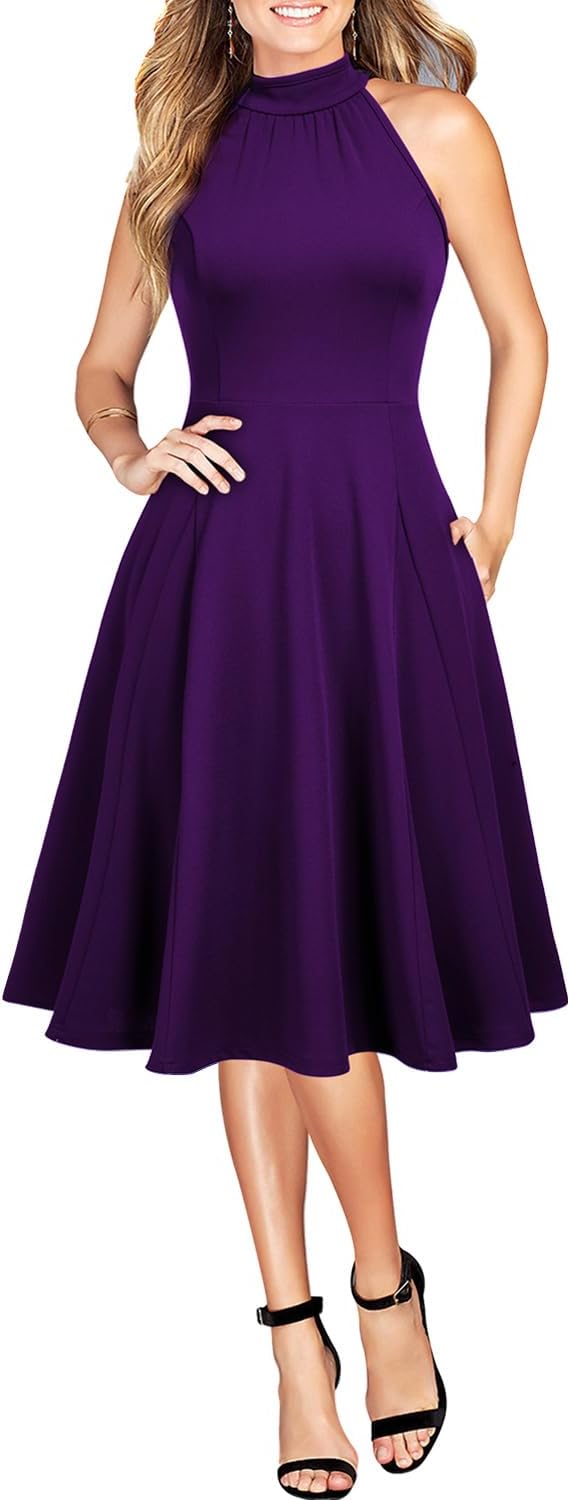 WOOSEA Womens Sleeveless Halter Neck Bodycon A-Line Dress