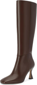 Black Leather Knee High Boots Kitten Heeled Square Toe - Chic Comfort