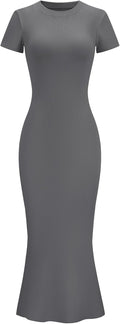 LOMON Women Fishtail Hem Ribbed Maxi Dress - Flattering Stretch Fit up