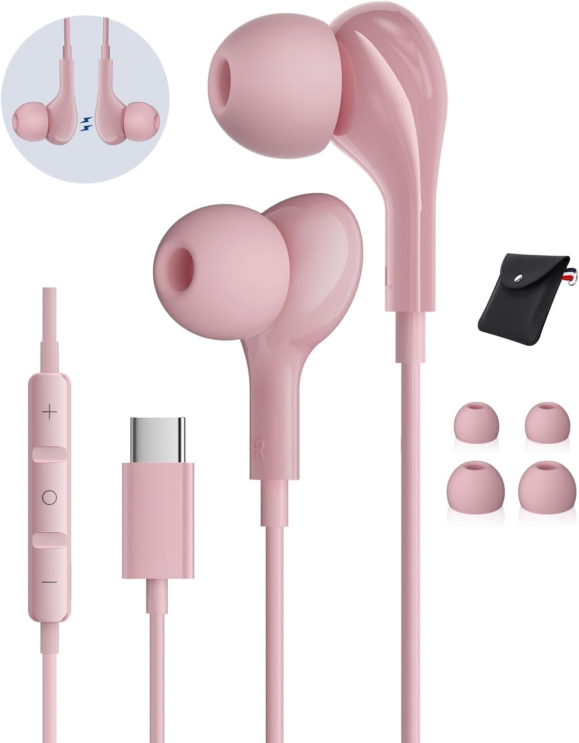 HiFi Stereo Pink USB C Earbuds - Magnetic, Mic & Volume Control
