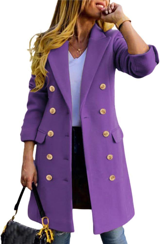 Womens Fall Winter Wool Coats Double Breasted Midi Peacoat