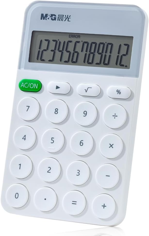 12 Digit M&G Desk Calculator: Large LCD, Auto Sleep, Portable & Cute - White