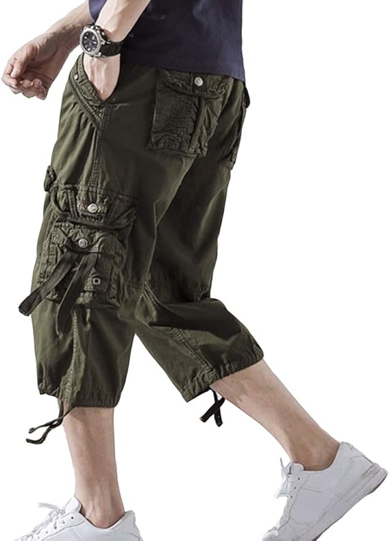 DONGD Mens Cargo Shorts Cotton 3/4 Loose Fit Below Knee Style