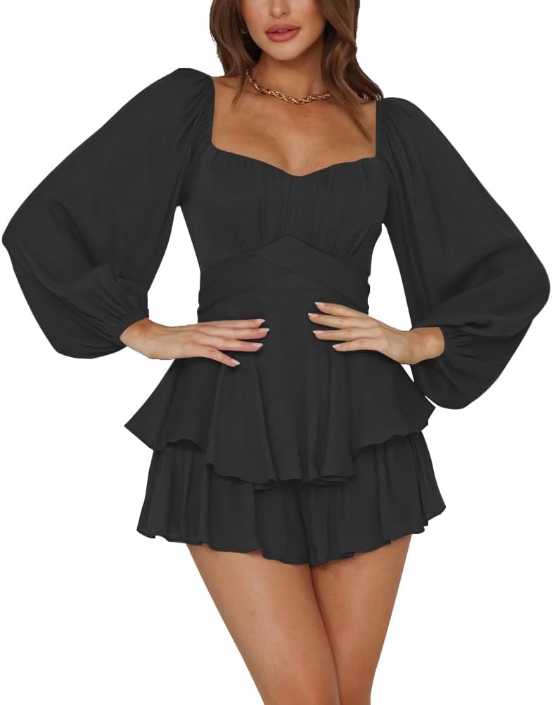 LYANER Women's Jumpsuit Lantern Long Sleeve Ruffle Romper