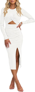Pink Queen Women's Crew Neck Long Sleeve Midi Bodycon Dress
