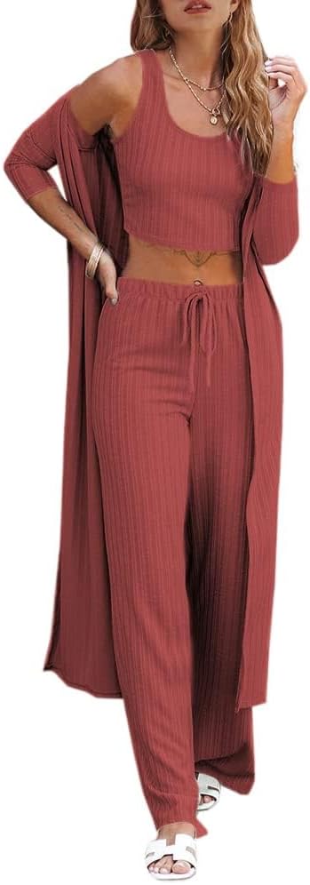 Womens 3 Piece Lounge Sets Pajamas Knit Long Sleeve Cardigan