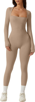Womens Square Neck Long Sleeve Full Length Leggings Jumpsuit - Bodycon