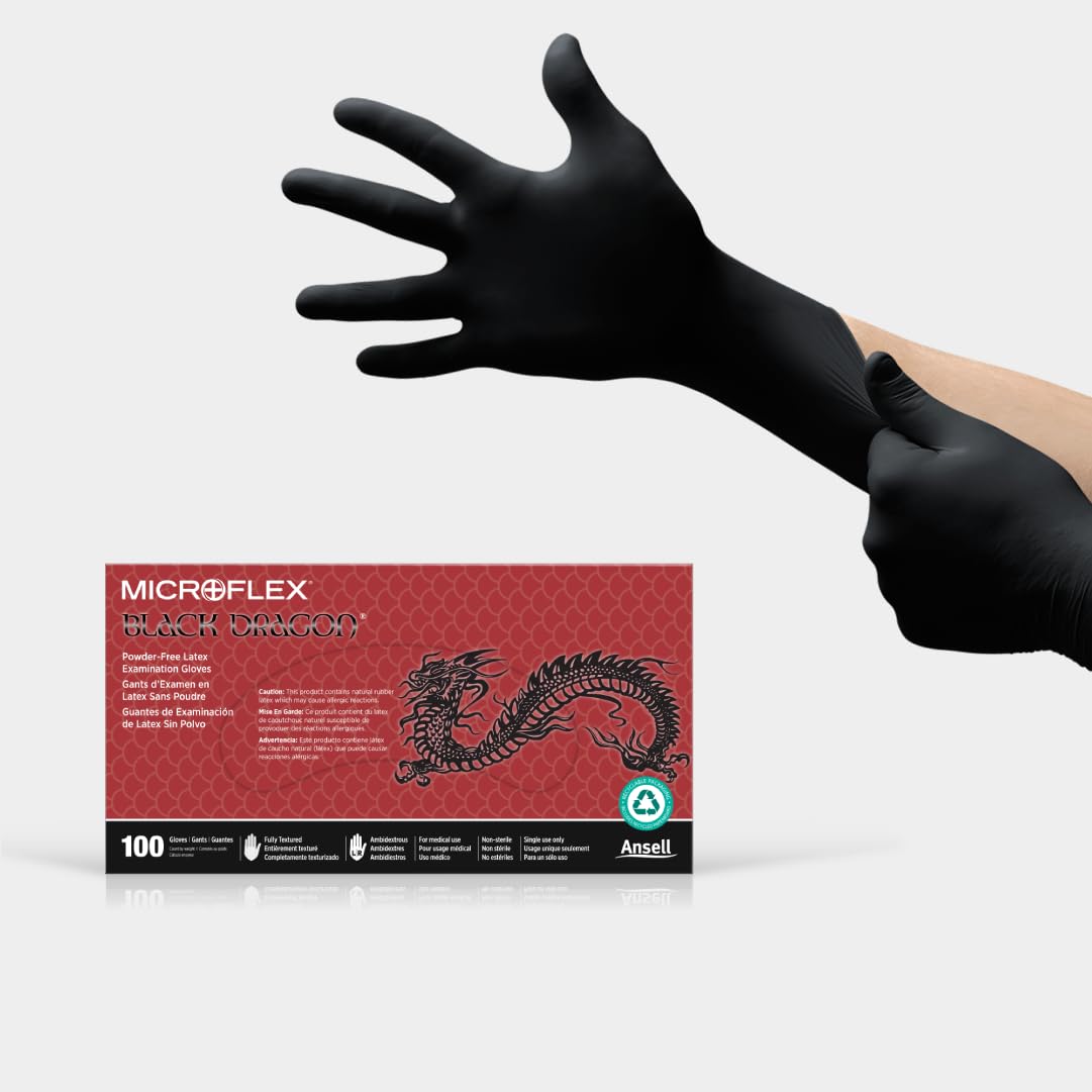Ansell Microflex Black Dragon Latex Gloves - Textured Grip for Precision - X-Small
