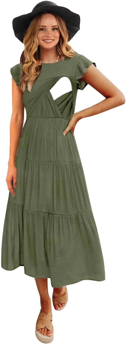 Womens Flutter Short Sleeve Smocked Tiered Nursing Dress Review