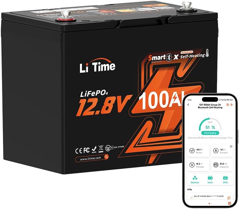 LiTime 12V 100Ah Group 24 Bluetooth Heating LiFePO4 Battery