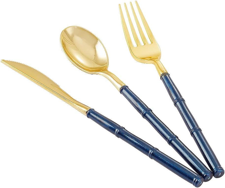Supernal 180pcs Gold Plastic Silverware with Blue Glitter Handles