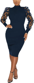 Elegant Mock Neck Sheer Mesh Bodycon Midi Dress - Club & Cocktail