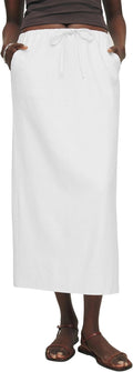 Womens Cotton Linen Skirts Trendy Elastic Waist Drawstring Midi