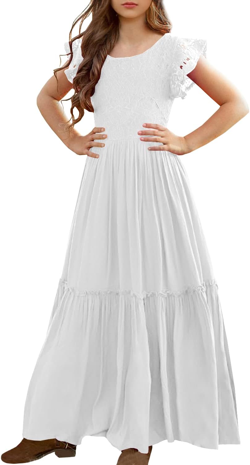 MITILLY Girls Lace Flower Ruffle Sleeve Maxi Dress