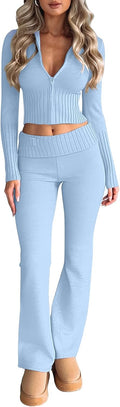 LILLUSORY Women's 2 Piece Knit Set Slim Fit Zip Hoodie & Flare Pants