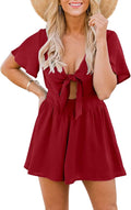 Womens Summer Short Rompers with Tie Front - Flowy Beach Jumpsuit