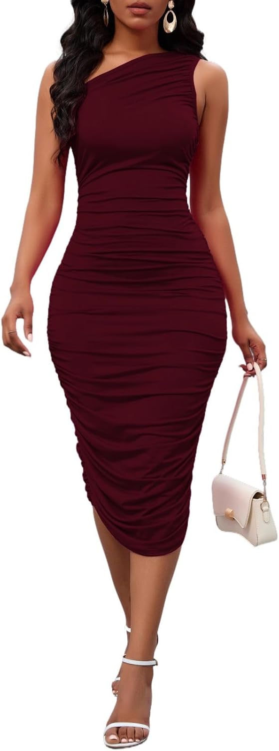 Women's Sexy One Shoulder Midi Dress for Parties and Weddings