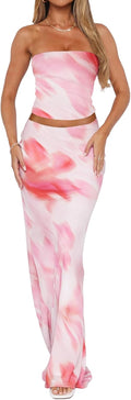 2 Piece Skirt Sets for Women Summer Floral Tube Top Maxi Skirt - Beach