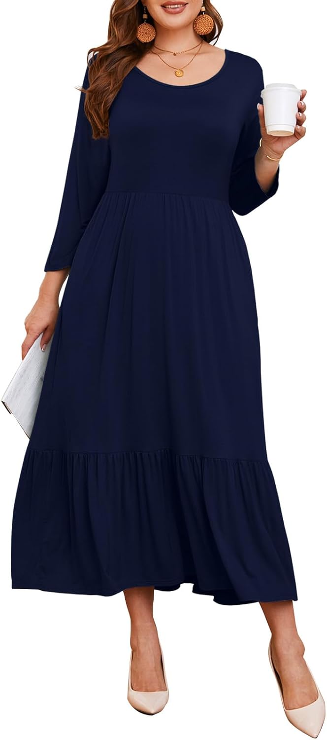 LARACE 3/4 Sleeve Plus Size Casual Maxi Dress with Pockets