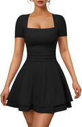 Women's Sexy Square Neck Short Sleeve Ruched Tiered Ruffle Mini Dress