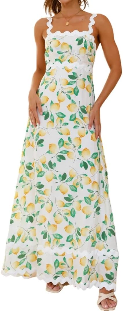 Women's Classy Sleeveless Lemon Print Maxi Dress with Ric Rac