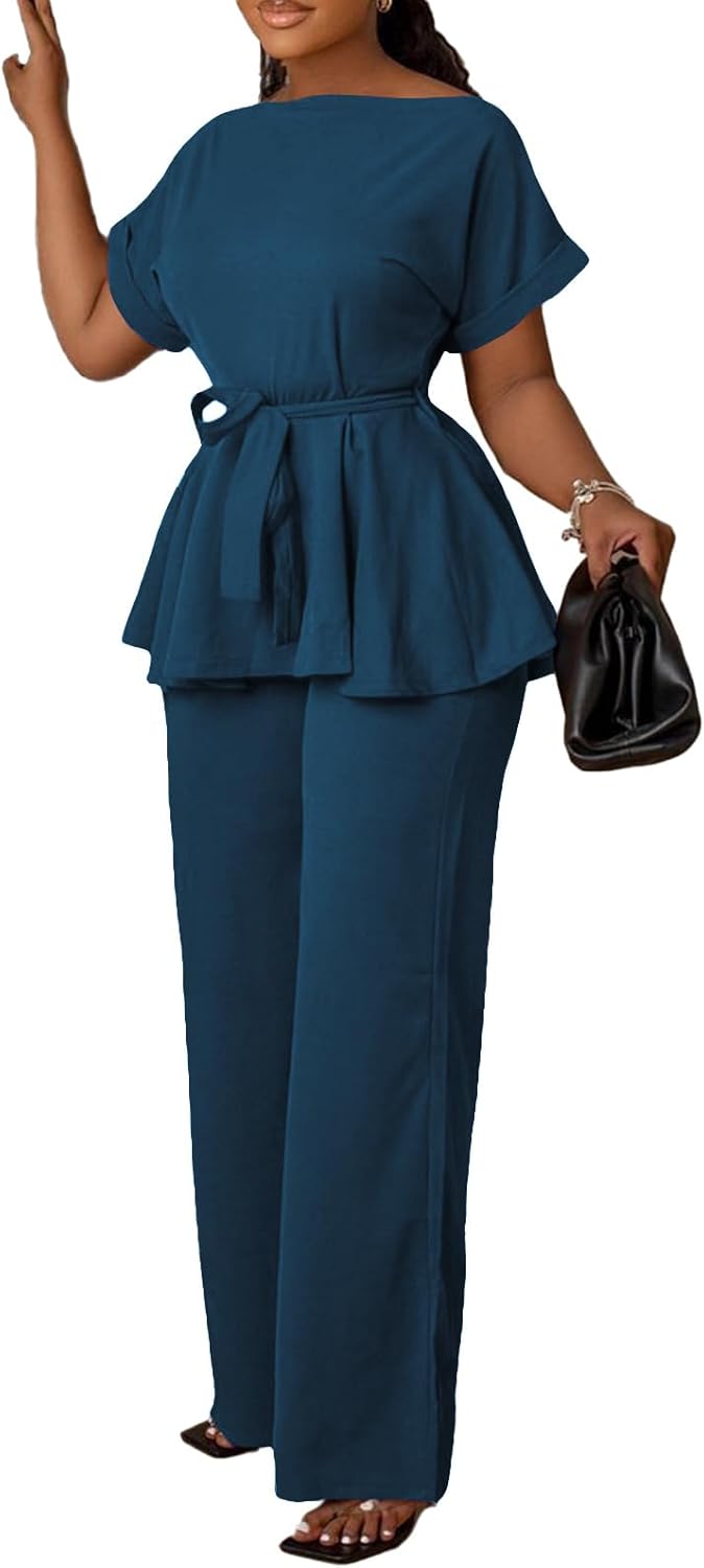 Women's 2 Piece Outfits Suit Set with Peplum Top and Flared Pants