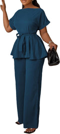 Women's 2 Piece Outfits Suit Set Peplum Top and Flared