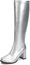 Women's Silver Gogo Boots Knee High Block Heel Square Toe 60s Disco