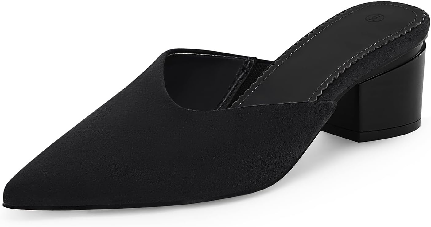 Coutgo Womens Pointed Toe V Cut Mules with Chunky Block Heels