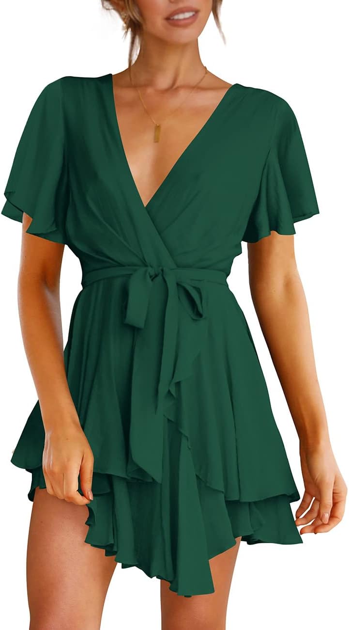 Cosonsen Women's Deep V-Neck Long Sleeve Mini Swing Dress